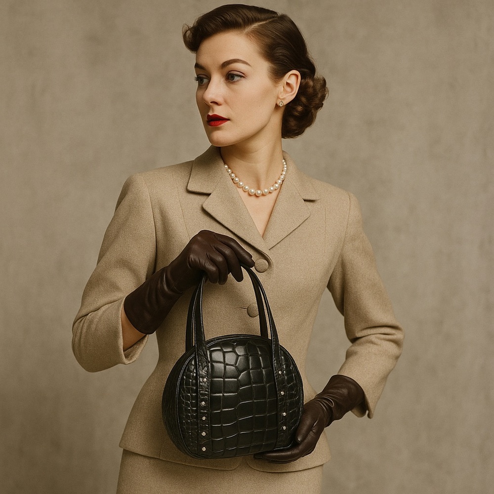 Rodo Vintage Black Croc Embossed Leather Studded Bowler Bag Classy Luxurious